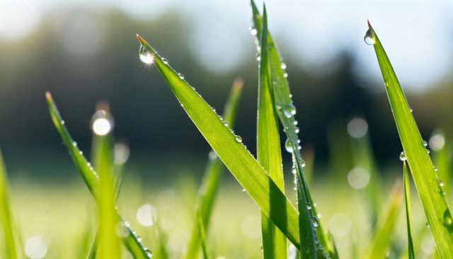 Morning dew catching sunlight on grass blades with bokeh light and droplets