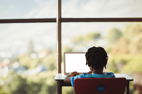 Transparent view of schoolboy using laptop on red chair