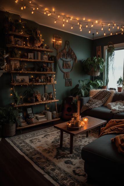 Living room decorated with strings of fairy lights, created using generative ai technology. Lighting, interior design and home decor concept digitally generated image.