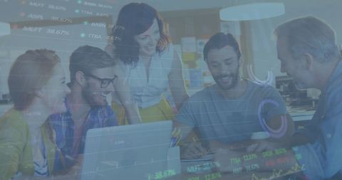 Colleagues Collaborating with Stock Market Data Overlay