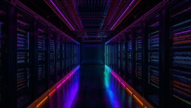 Futuristic Data Center Corridor with Vibrant LED Lighting