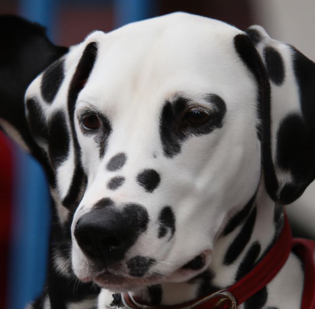 Shows Dalmatian dog wearing red collar. Great for pet-related content, advertising pet products, veterinary services. Suitable for animal care articles, stock images, web blogs, promotional materials.