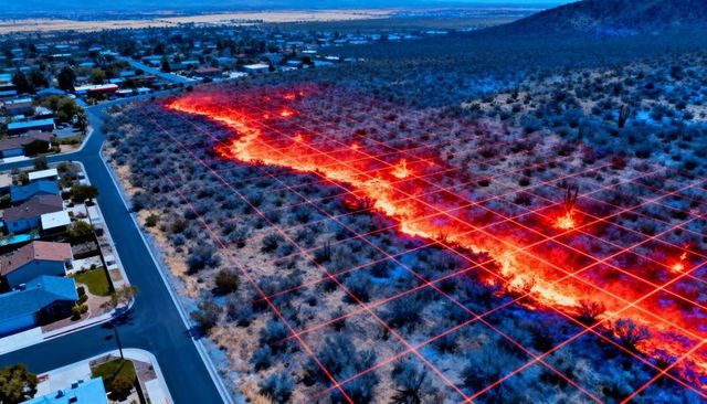 Desert wildfire creeping along suburban edge with red predictive grid overlay