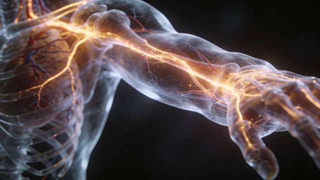 Translucent human torso and arm revealing glowing neural pathways in 3d medical illustration
