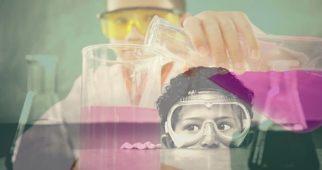 A child is engaging in a chemistry experiment, wearing safety goggles and concentrating on pouring colorful pink liquid into a beaker while several other science equipment tools are nearby. Perfect for websites, educational materials, and promotional content focused on STEM education, science classes, children's learning activities, and encouraging interest in scientific discovery.
