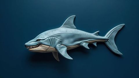 Realistic megalodon shark model against dark sea background