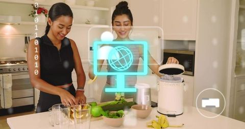 Two friends preparing fruit and composting at modern kitchen island with smart ui overlay