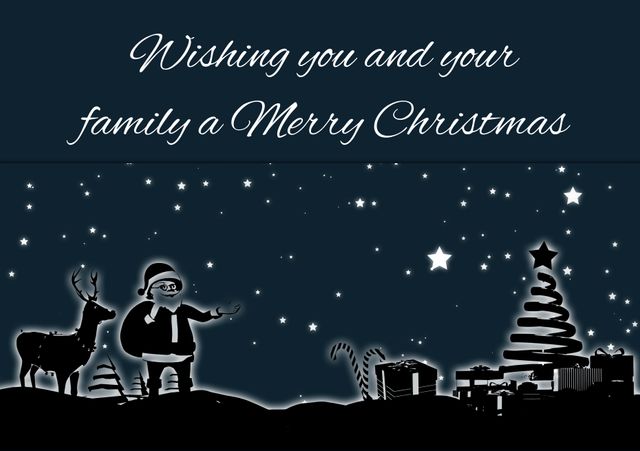 This festive illustration features a Christmas greeting with Santa Claus standing beside a Christmas tree and reindeer under a starry winter night sky. Use this image as a holiday greeting card, social media post, or a festive message to share warm wishes with family and friends during the Christmas season.