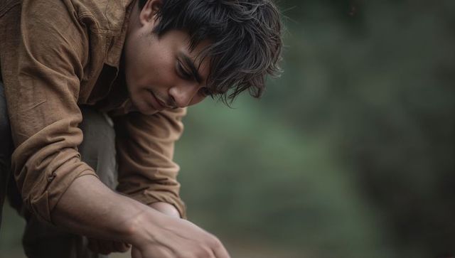 Young man crouching and examining leaf litter in forest, contemplative outdoor study
