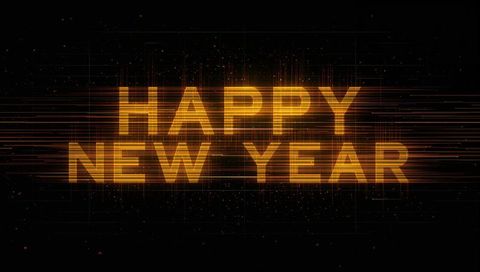 Glowing Gold HAPPY NEW YEAR Text with Futuristic Neon Light Bars and Particle Trails