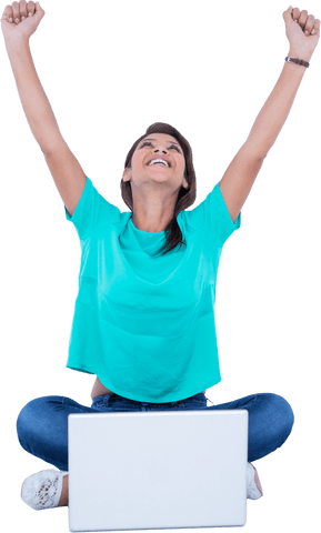 ecstatic woman raising hands behind laptop on transparent background - Download Free Stock Videos Pikwizard.com
