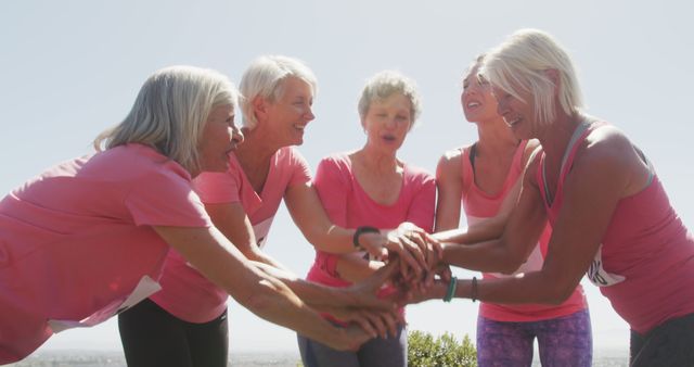 Senior women wearing pink shirts gather outdoors for a fitness activity, symbolizing teamwork and unity. Perfect for themes related to healthy aging, active lifestyle, community support, and women's health initiatives.