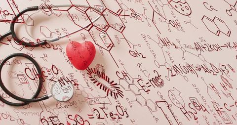 Stethoscope with red heart over molecular formulas, microbiology sketches, medical research