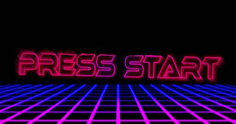 Retro Neon Press Start on Grid Background