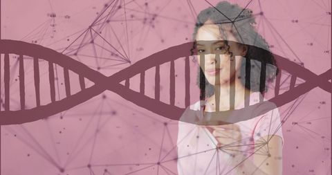 Woman Advocating for Breast Cancer Awareness with DNA Overlay
