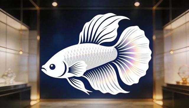 Giant white betta fish mural on deep blue gallery wall with warm accent lighting