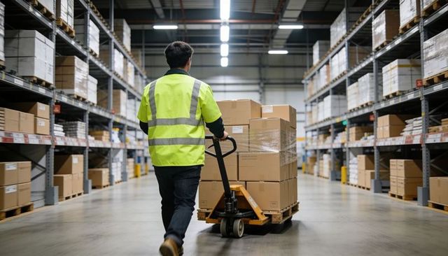 Warehouse worker pushing pallet jack down aisle with stacked boxes in hi-vis jacket