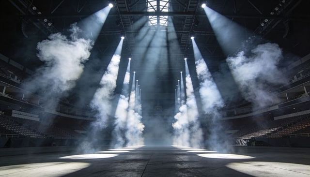 Spotlights Piercing Theatrical Fog Over Cleared Arena Floor With Rigging, Catwalks