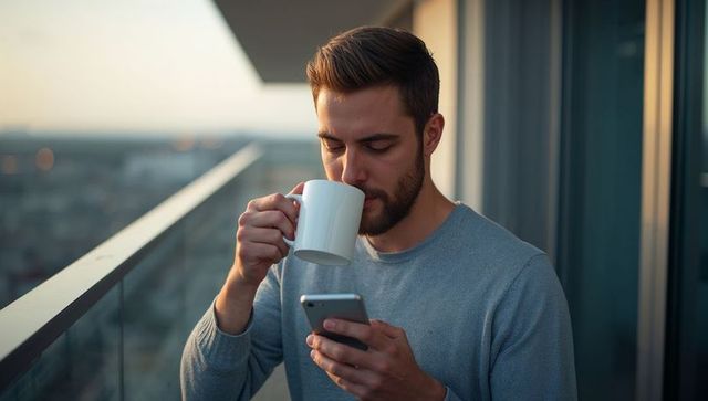 Bearded man relaxing on high-rise balcony with smartphone and mug