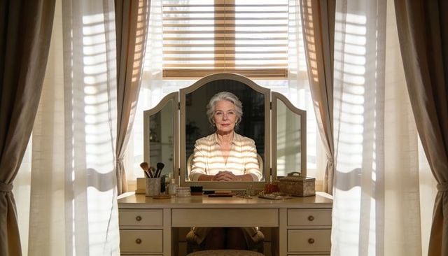 Elegant senior woman sitting at vanity with striped sunlight from blinds, grooming ritual