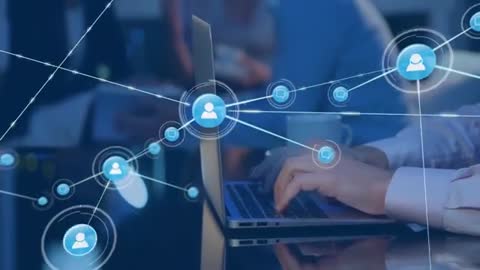 Business Professional Typing on Laptop with Digital Network Overlay