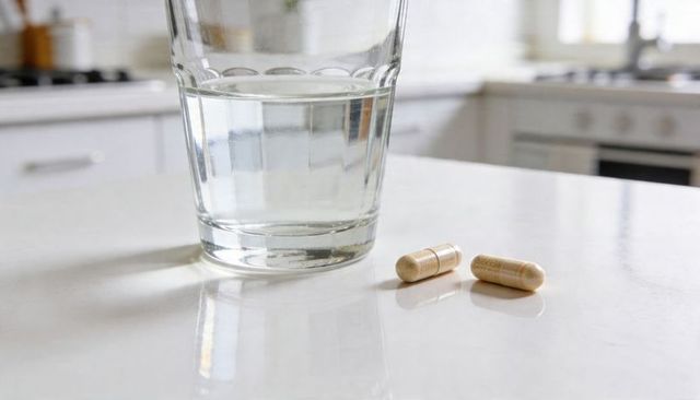 Glass of water and natural supplement capsules resting on marble countertop for wellness morning