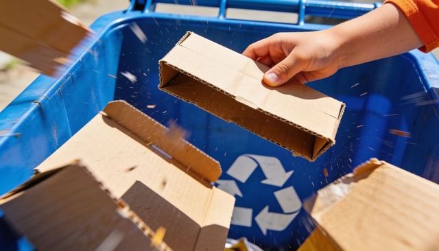 Right hand placing flattened cardboard into blue recycling bin on sunlit driveway