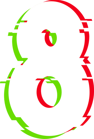 Number 8 with red green digital glitch effect on transparent background