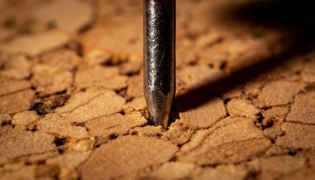 Pressing metallic pin into cork surface creating textured crumbs and warm shadows