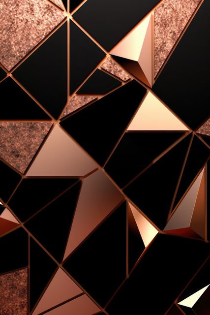 Abstract geometric pattern combining copper and black metallic triangles creating striking visual symmetry. Used for contemporary design projects, digital artwork, backgrounds for websites, prints, or fashion designs.