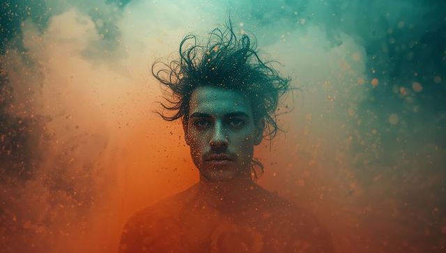 Surreal portrait of male in swirling teal orange powder