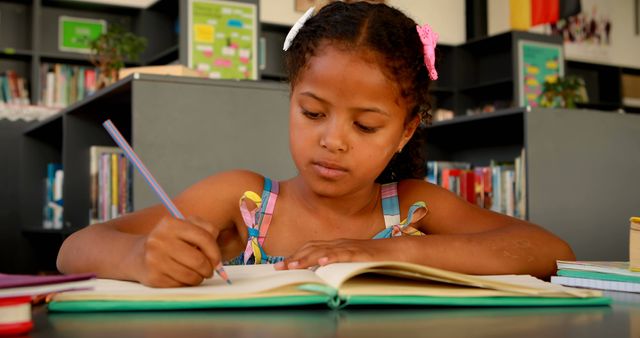 Focused Young African American Girl Writing in Notebook at School Desk - Download Free Stock Images Pikwizard.com