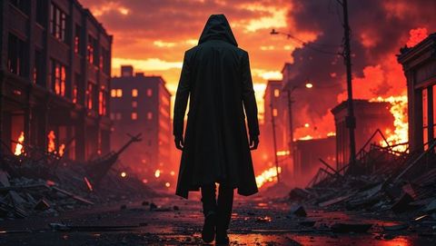 Hooded figure walking through apocalypse-stricken dystopian ruined city