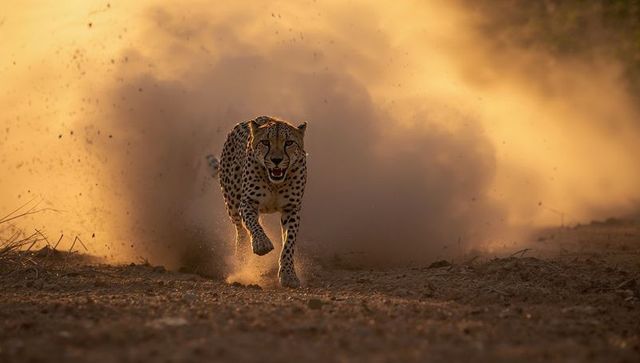 Cheetah Sprinting Through Dusty Savannah in Warm Dawn Light