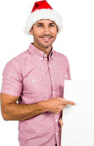 Smiling Festive Man Pointing to Blank Placard