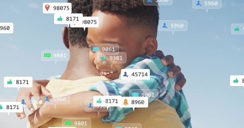 Father hugging son outdoors with floating social media notification icons showing connection