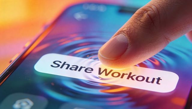 Tapping share workout button on smartphone screen with fingertip and colorful ripple