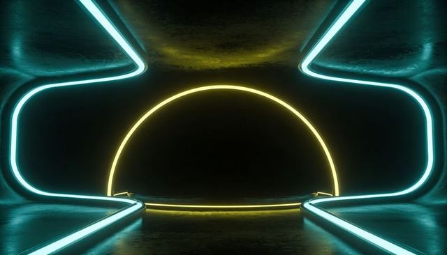 Futuristic neon tunnel featuring yellow semicircle arch and cyan reflective tubes