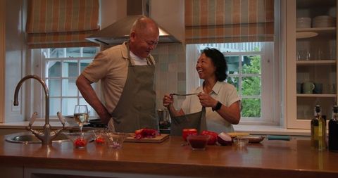 Senior Asian Couple Cooking Together in Cozy Home Kitchen