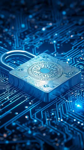 Vertical video pulsing padlock on circuit board showing secure data startup and encryption flow