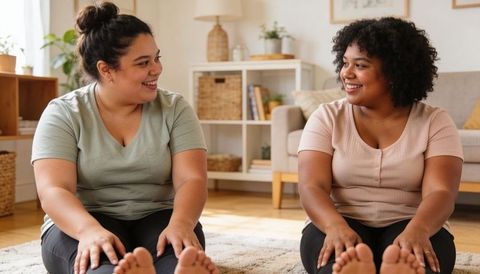 Two friends doing gentle floor stretches on living room rug, casual activewear, relaxed