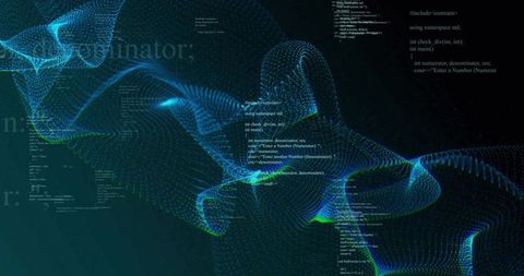 Flowing Luminous Particle Mesh Forming Ribbon Surfaces with C++ Code Overlay