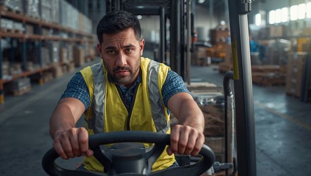 Warehouse worker steering pallet jack wearing high-visibility vest, concentrating on task