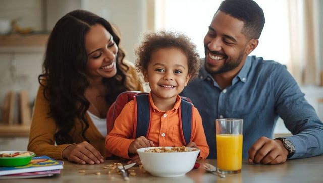 Happy Family Breakfast with Smiling Child and Parents at Kitchen Table