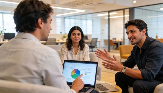Business team collaborating in office lounge pointing at pie chart on laptop while analyzing data