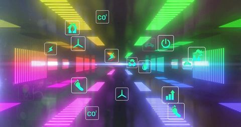 Neon hud energy tunnel with floating sustainability icons and futuristic data visualization