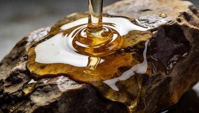 Pouring golden syrup forming glossy amber pool on dark textured rock macro closeup