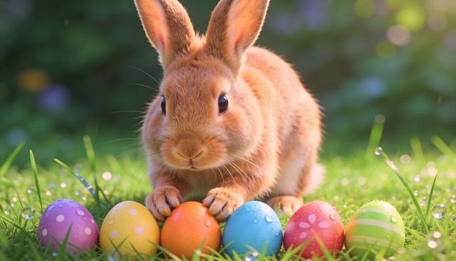 Curious brown rabbit sniffing colorful easter eggs on dewy grass with sunlit bokeh