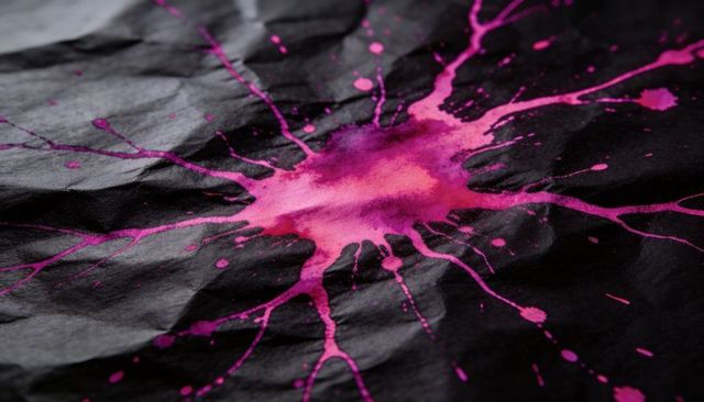 Magenta Paint Splashing Across Crumpled Black Paper with Vivid Ink Droplets and Texture