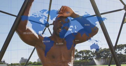 Gripping metal bar and wiping forehead during outdoor workout with world map data overlay